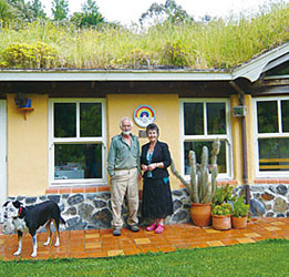 家の屋根の上には草花が植えてあり、土地の草木を減らさないという事の他、室内へは断熱効果があり、夏涼しく、冬は暖かい。